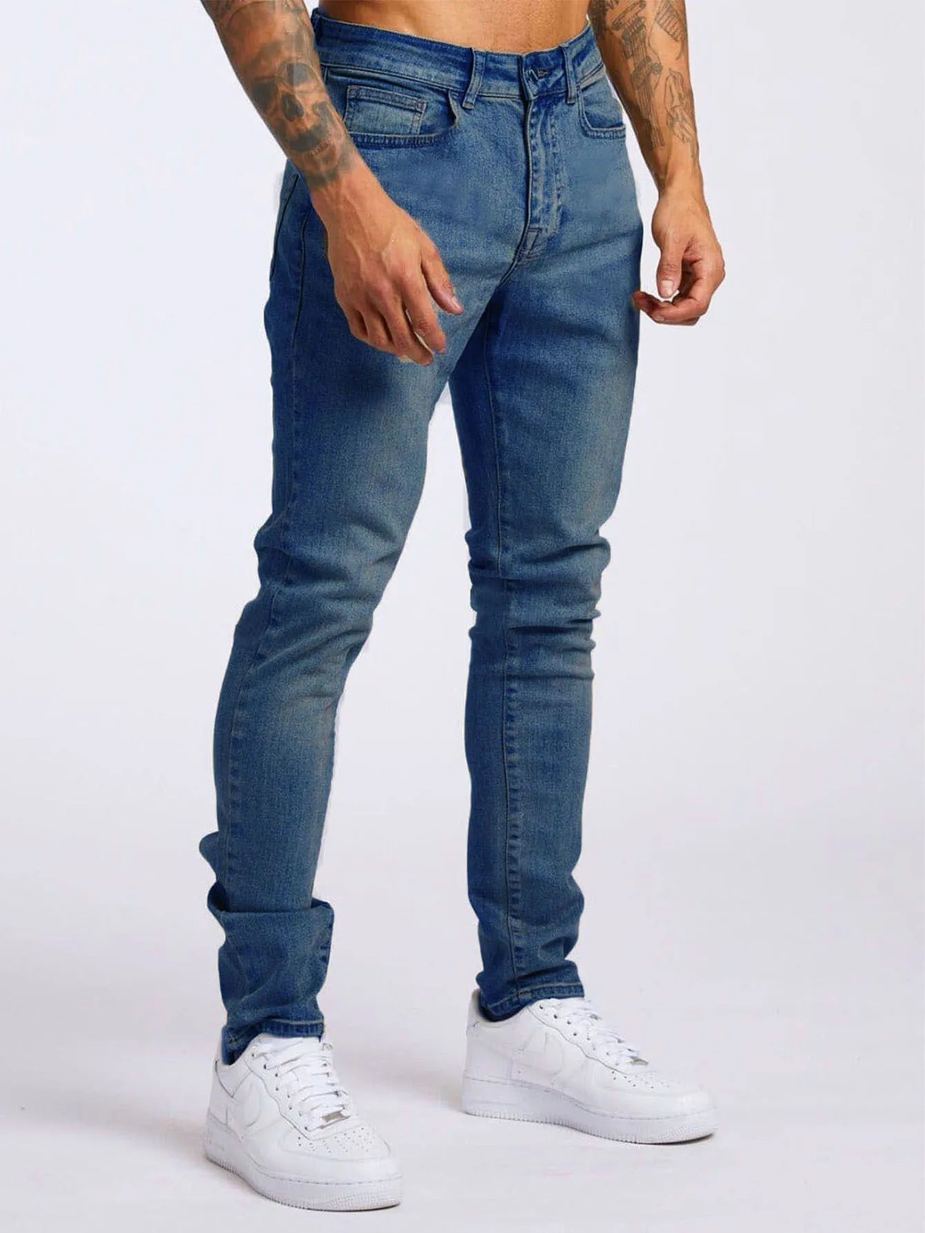 Retro Fashion Slim Fit Ripped Blue Jeans Elastic Denim Pants