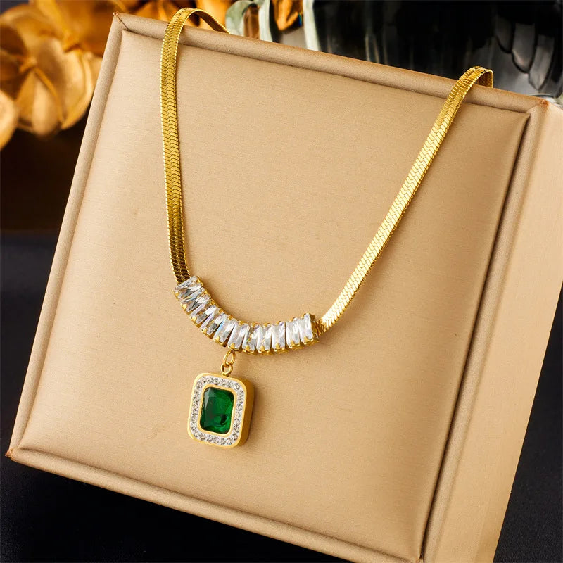 Emerald Square Zircon Gold Plated Necklace