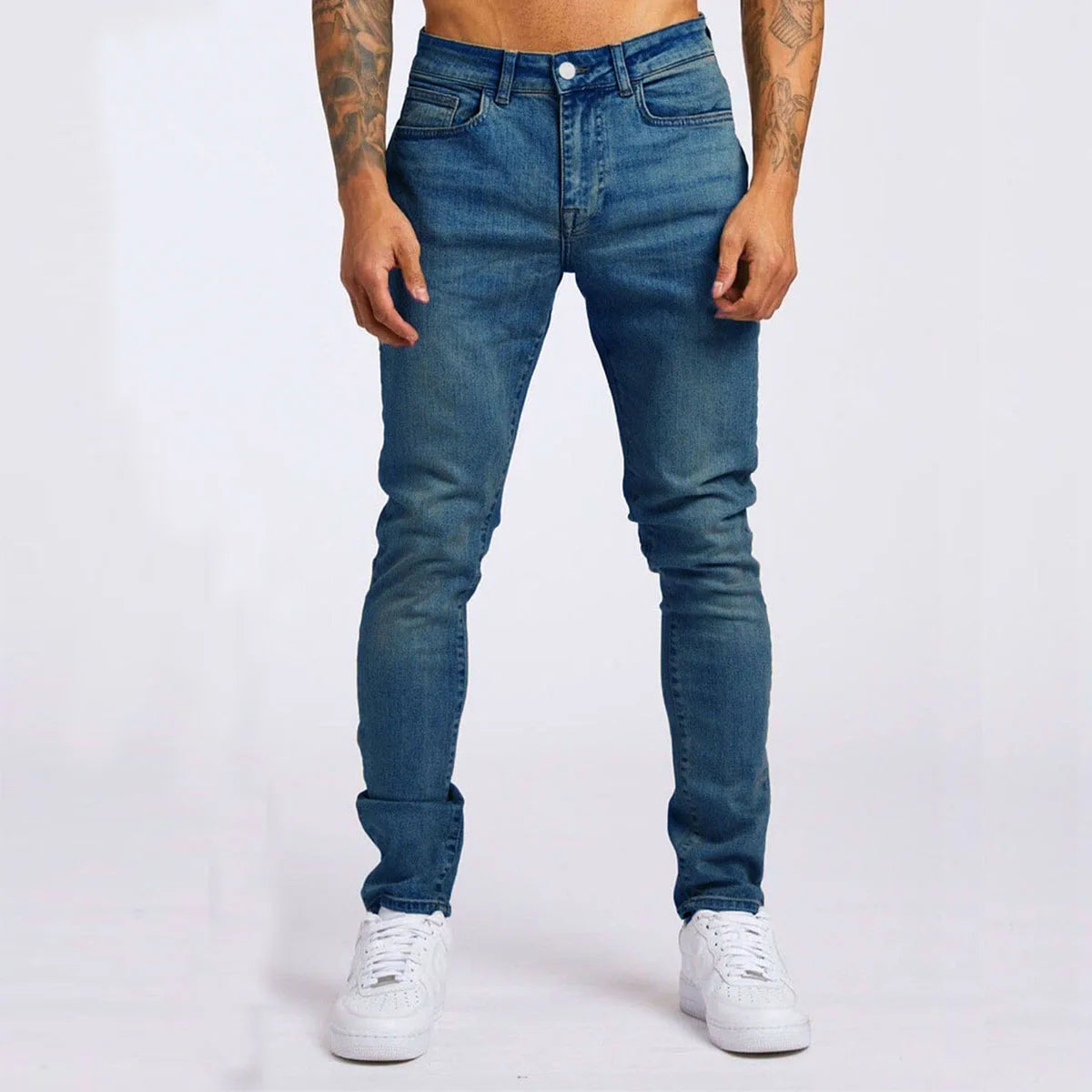 Retro Fashion Slim Fit Ripped Blue Jeans Elastic Denim Pants