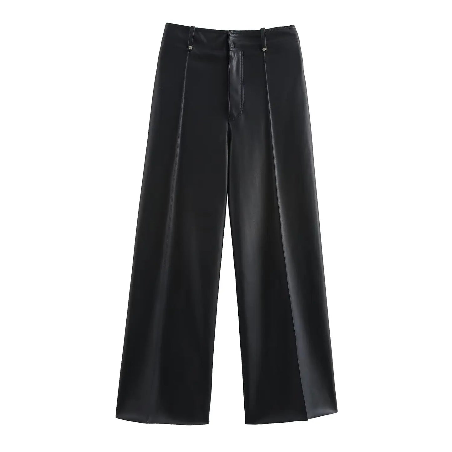 Women Autumn Leather Wide Leg Pants Zipper Fly