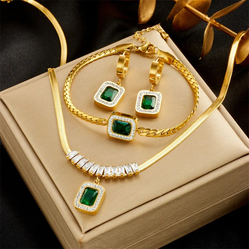 Emerald Square Zircon Gold Plated Necklace